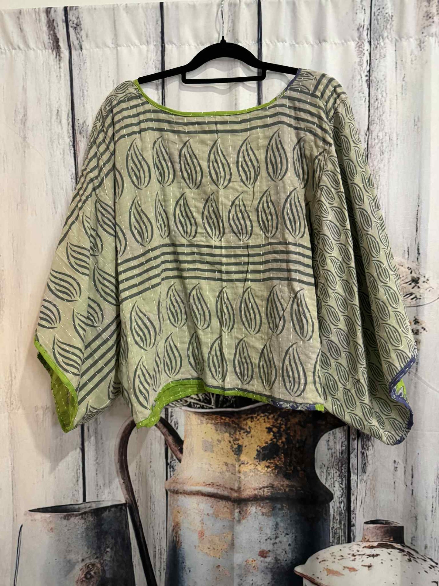 Set of Kantha Dolman Sleeves  Top with Ruffle Pants  - One Size S to 3X