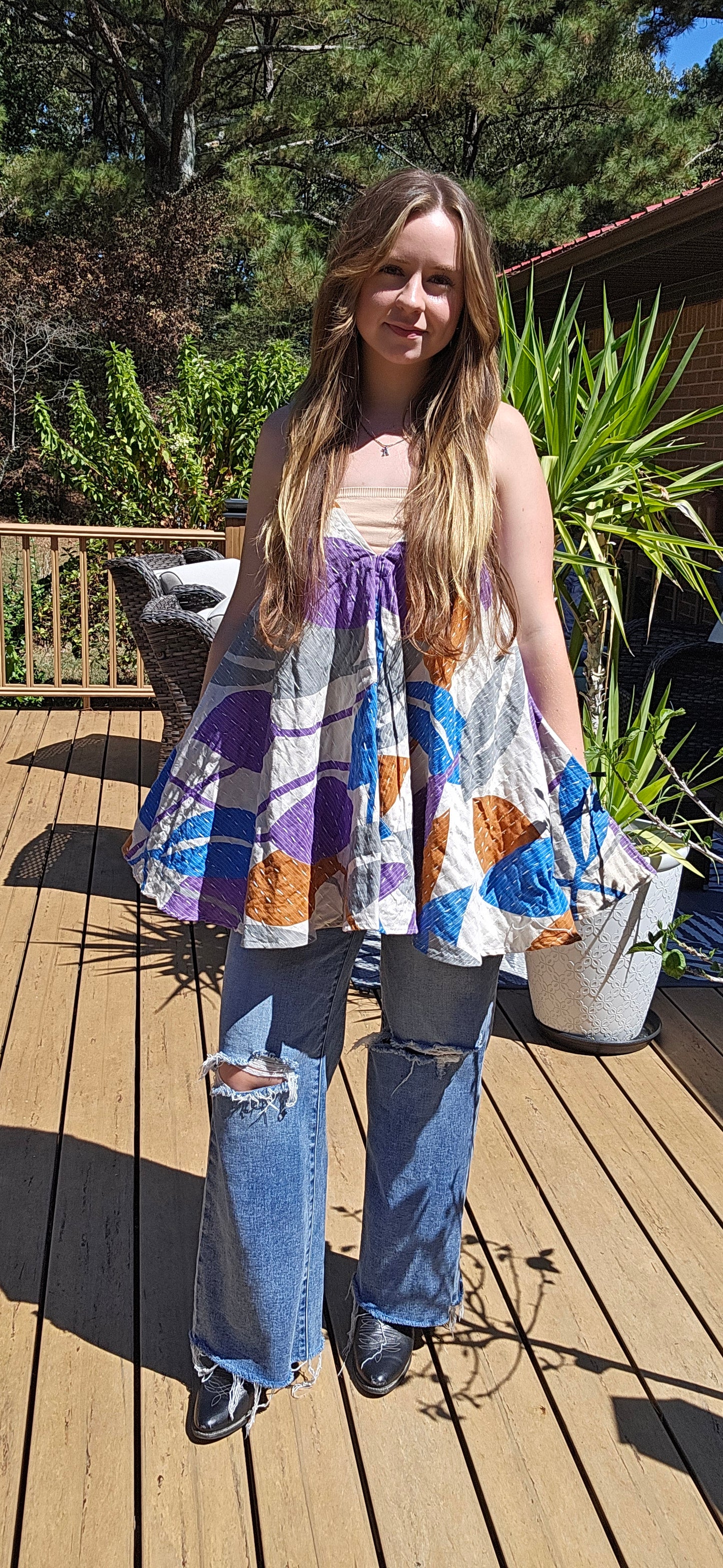 "Flying Bird" Tunic Style Top in Light Kantha , One Size S to XL maybe 2X