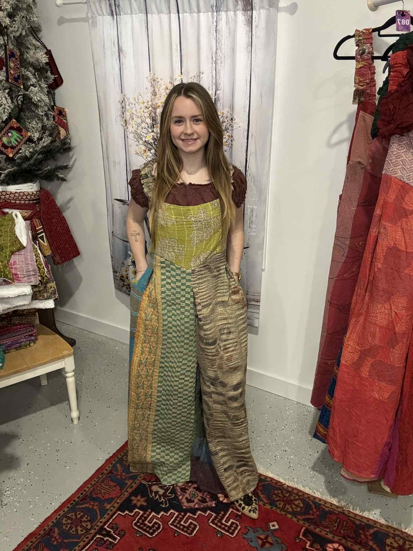 Apron Jumpsuit in Heavy kantha  One Size S to 2X/3X