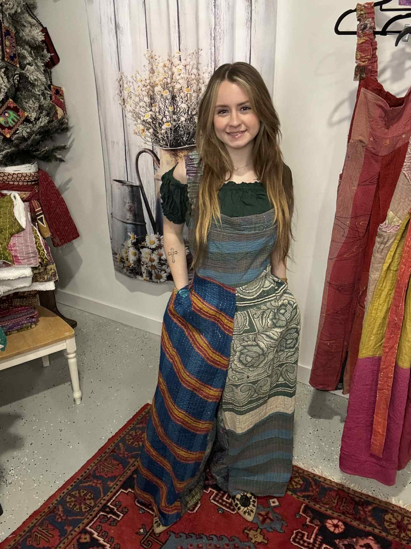 Apron Jumpsuit in Heavy kantha  One Size S to 2X/3X