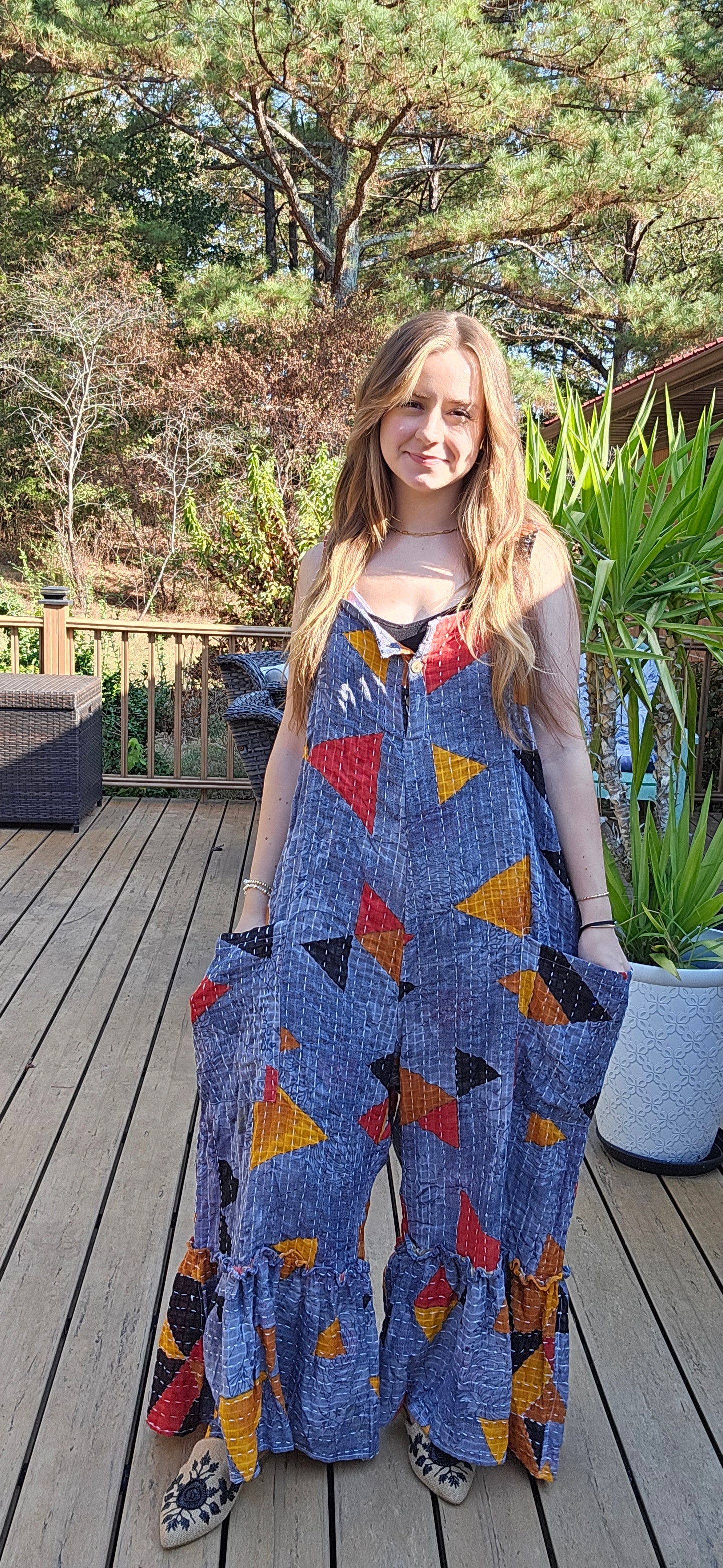 "Good Vibes" Jumpsuit in light kantha One size S to 2X/3X