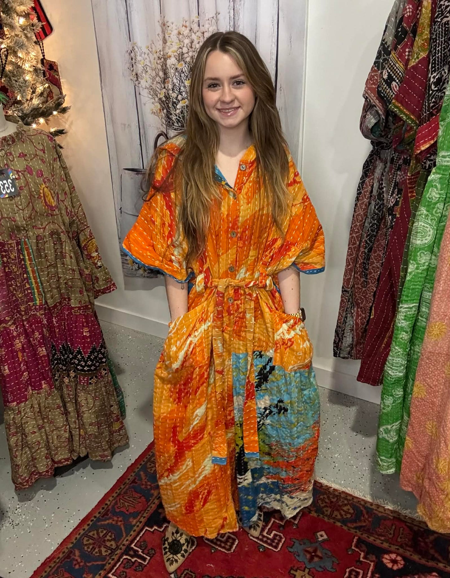 Cozy Jumpsuit with Hoodie in Light Kantha - One Size S to 3X