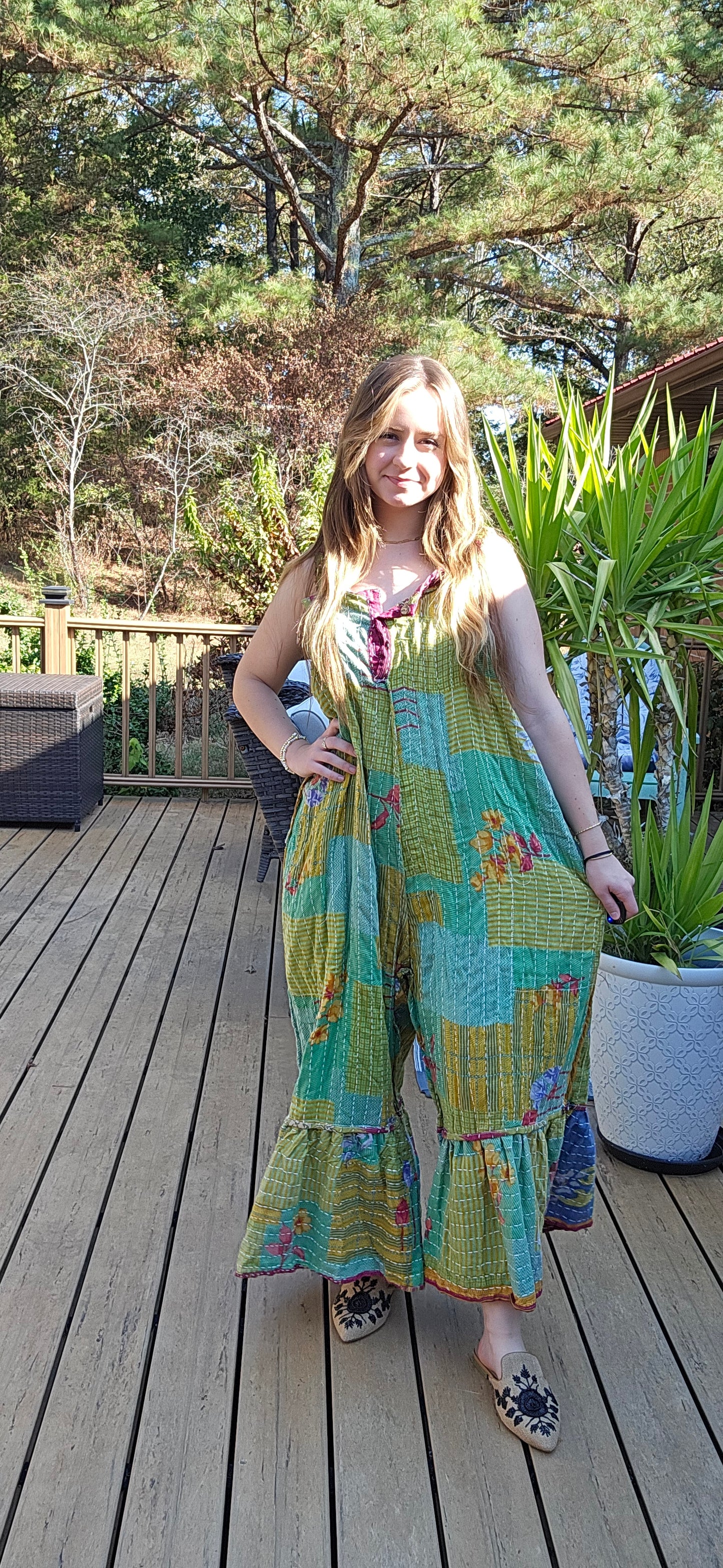 "Good Vibes" Jumpsuit in light kantha - One size S to 2X /3X