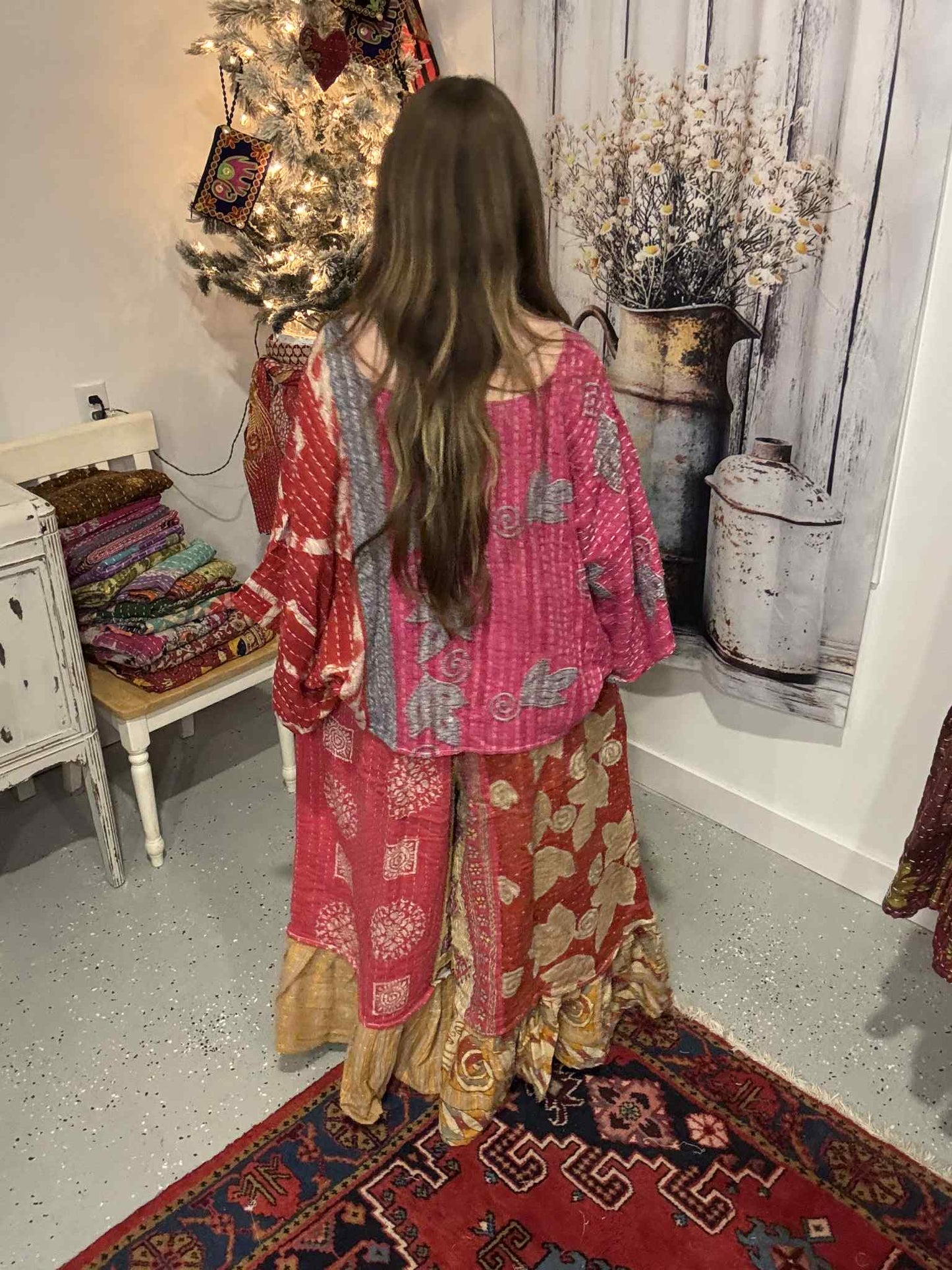Set of Kantha Dolman Sleeves  Top with Ruffle Pants  - One Size S to 3X