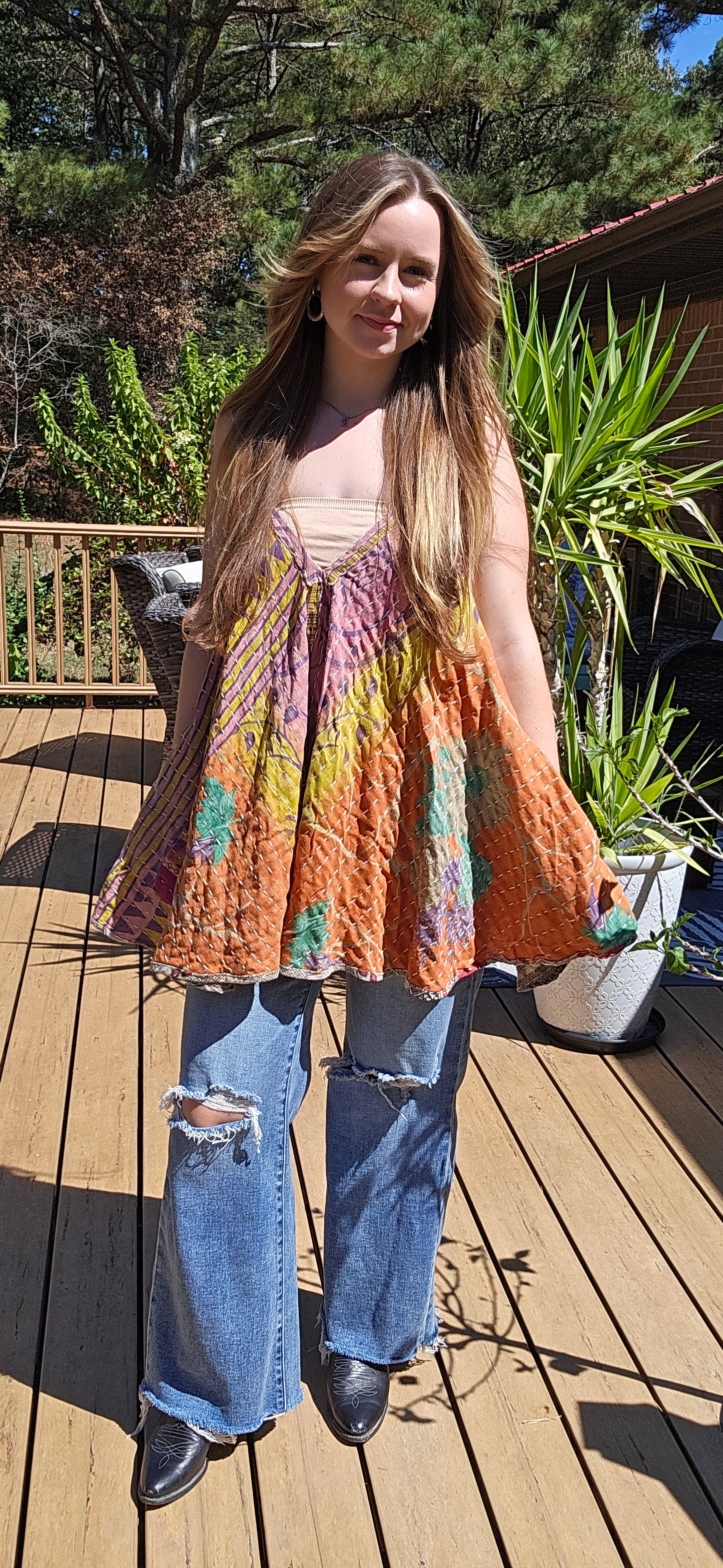 "Flying Bird" Tunic Style Top in Light Kantha , One Size S to XL maybe 2X