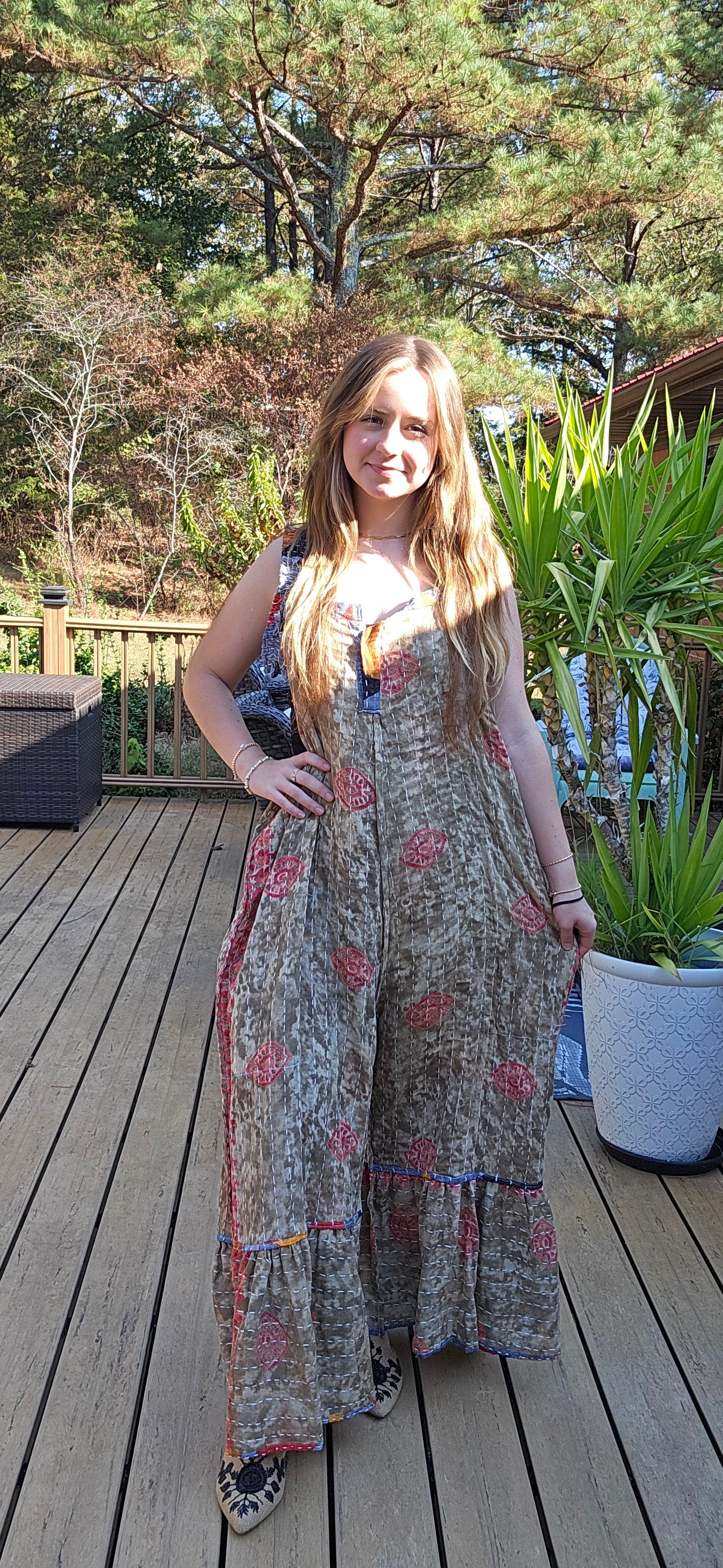 "Good Vibes" Jumpsuit in light kantha One size S to 2X/3X