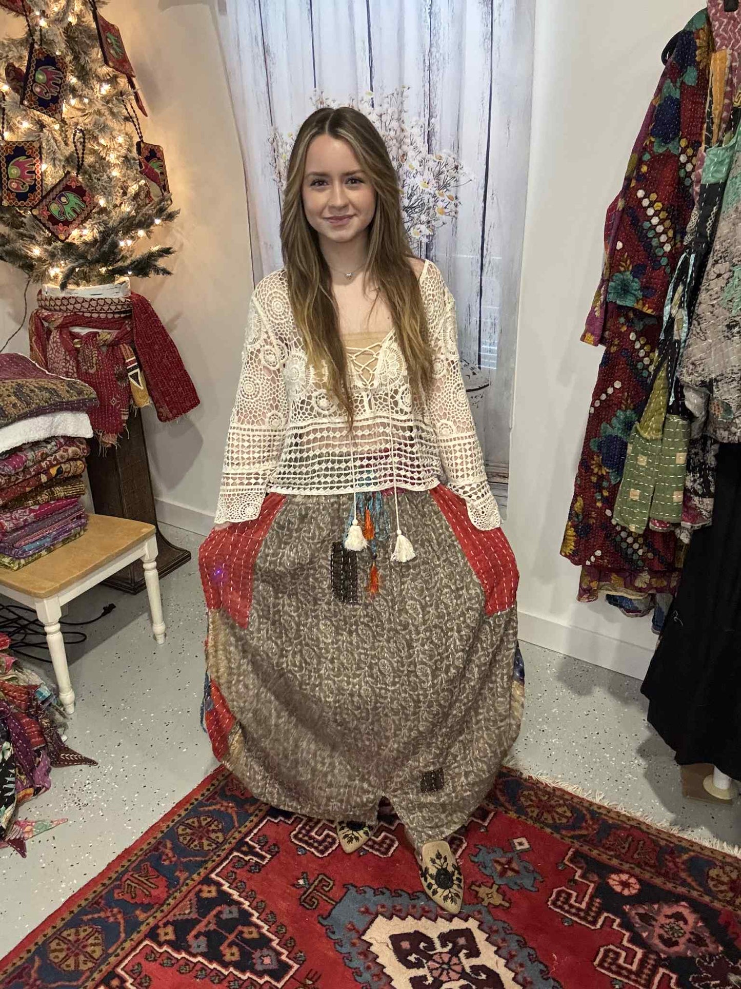 "Peasant" Light Kantha Maxi  Skirt - One Size S to 2X/3X