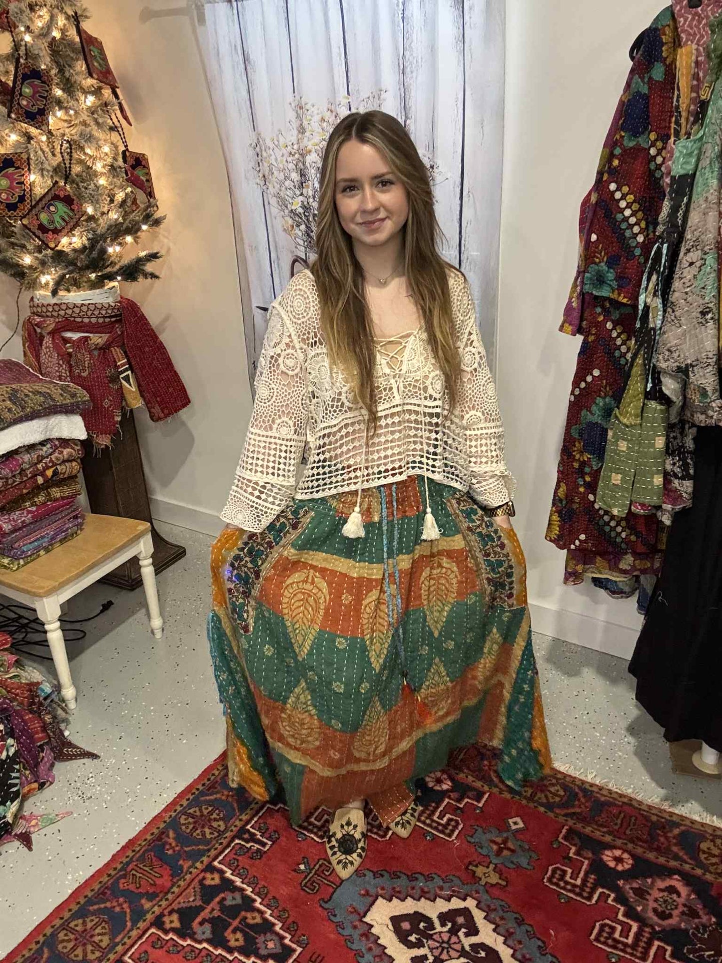 "Peasant" Light Kantha Maxi  Skirt - One Size S to 2X/3X