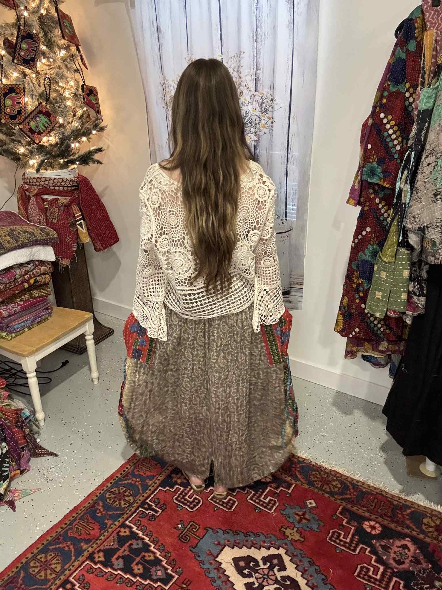 "Peasant" Light Kantha Maxi  Skirt - One Size S to 2X/3X